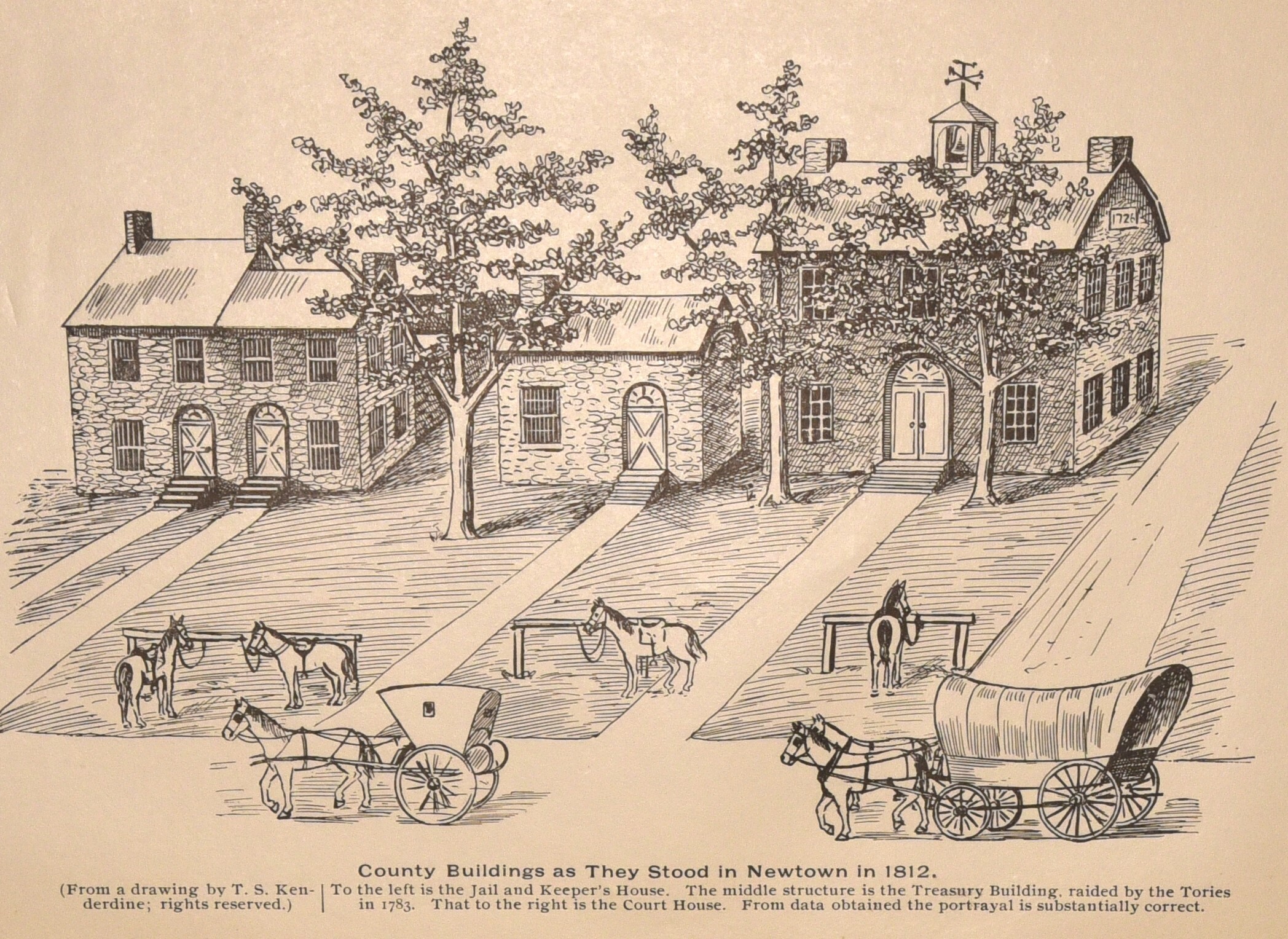 View of Newtown's County Buildings
Jail, Treasury, and Courthouse (Left to Right)