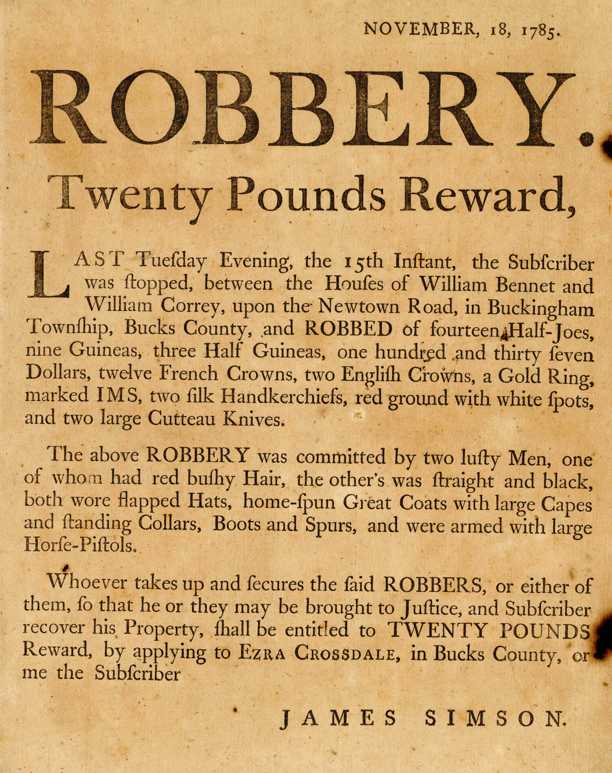 Robbery Reward Broadside of James Simson
