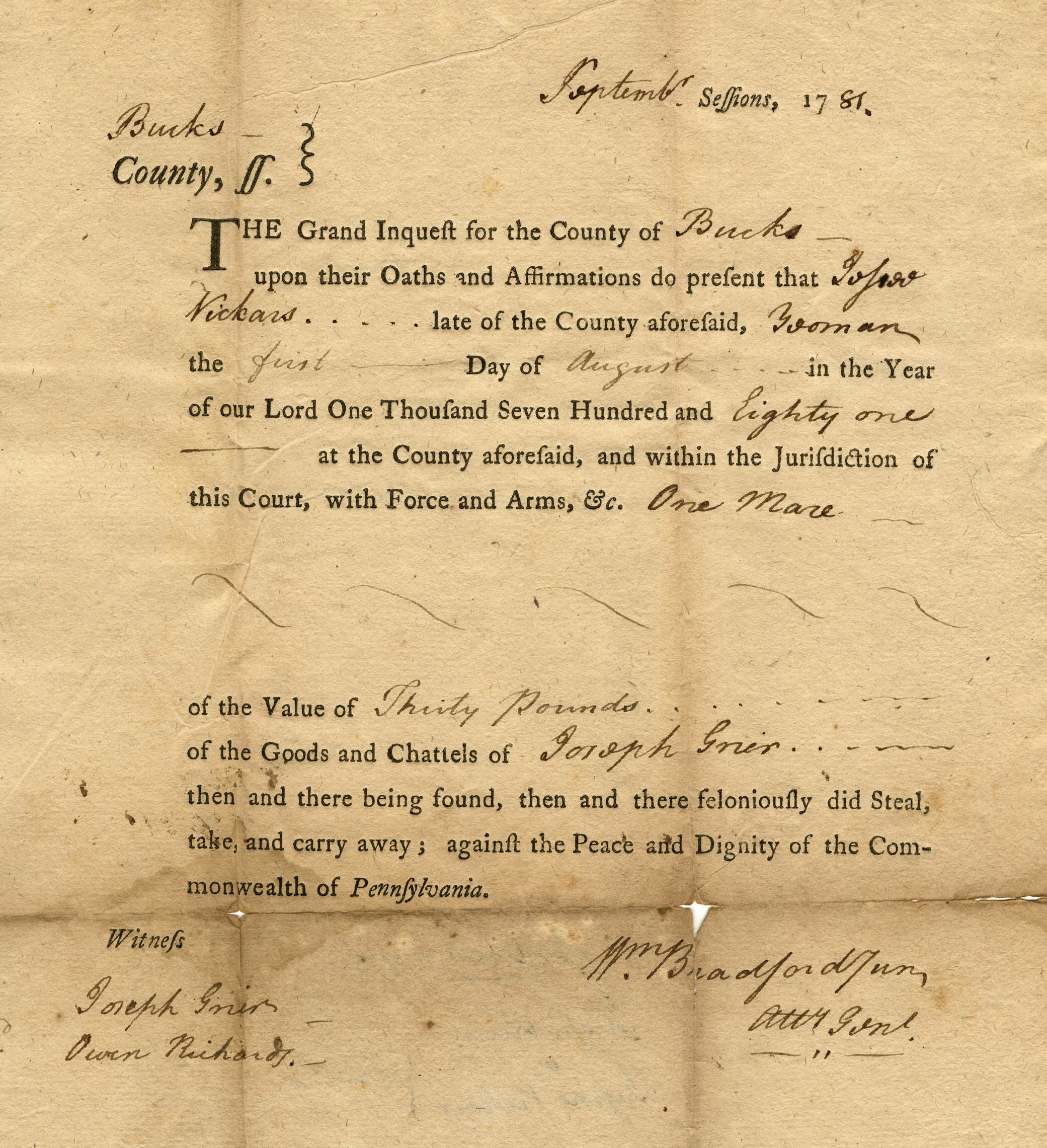 Inquest Papers for Theft of Joseph Grier’s Horse