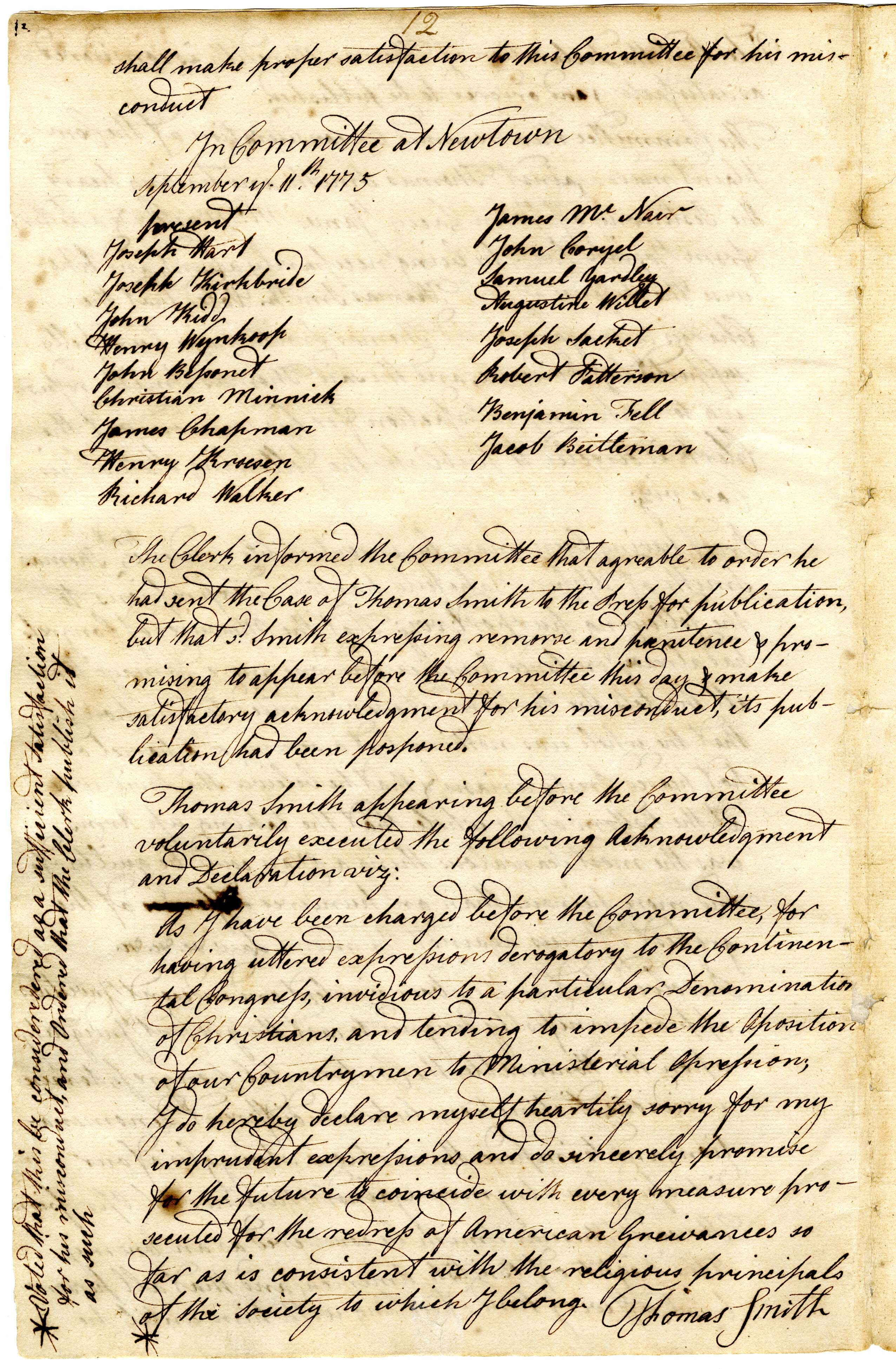 Page from Committee of Safety Minute Book