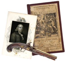 Collage showing a gun, portrait of Ben Franklin, and a book